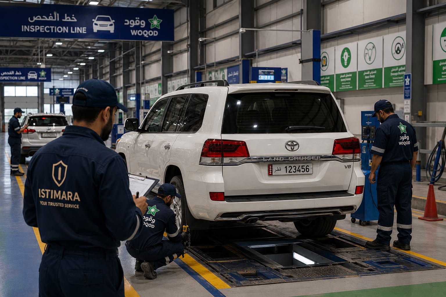 ISTIMARA staff inspecting a vehicle at the Fahes inspection line