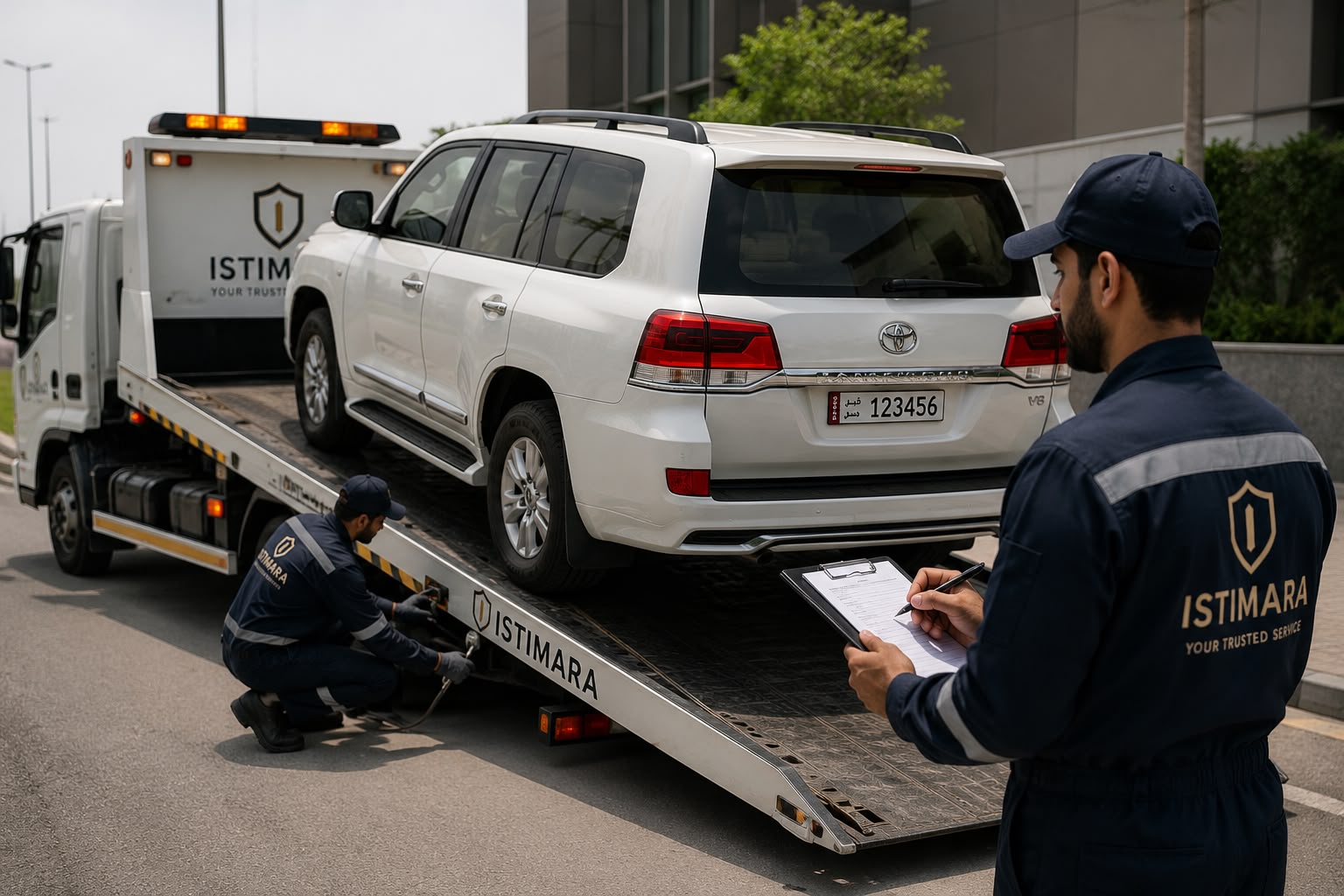 An ISTIMARA recovery truck collecting a customer's car while an agent checks it in