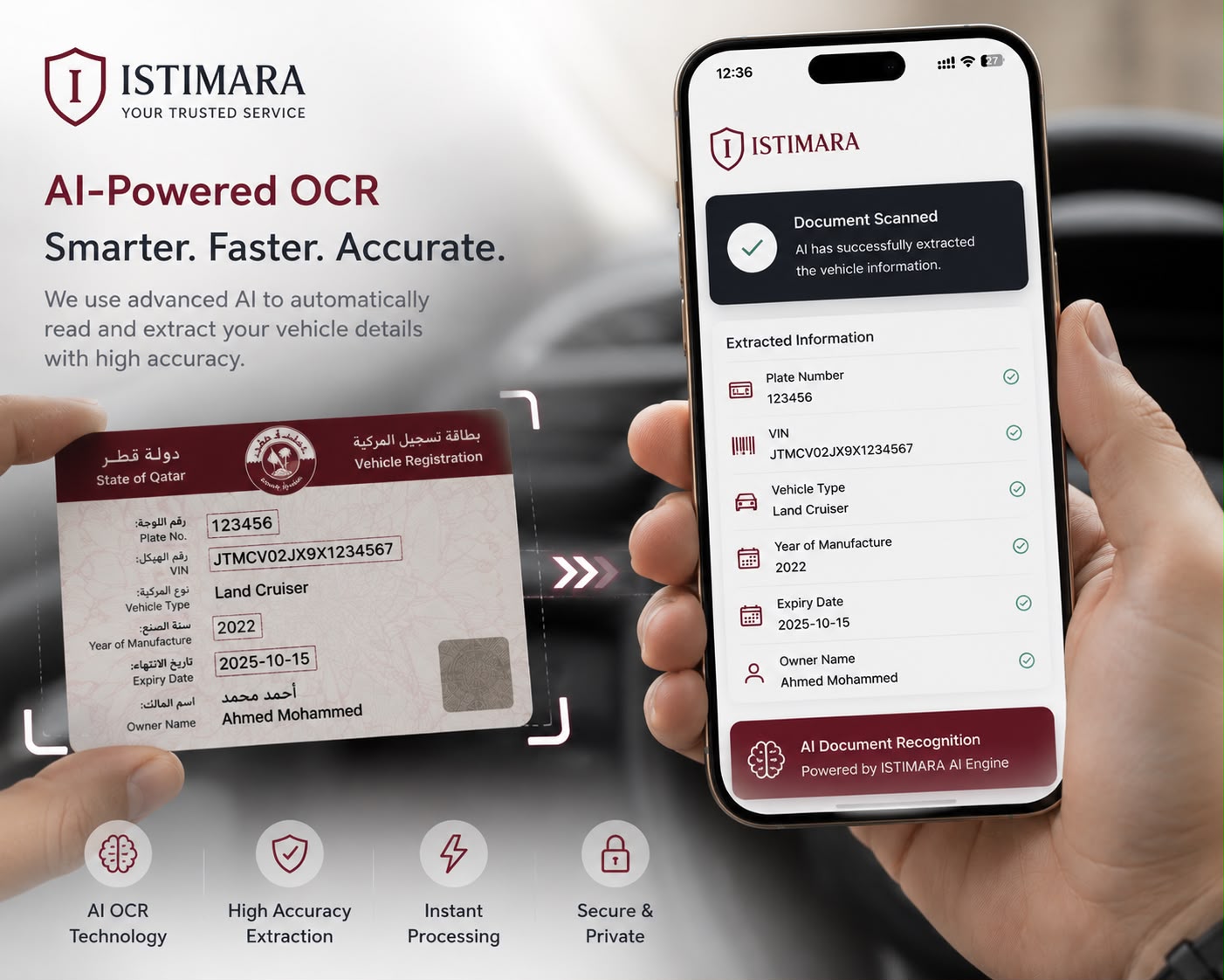 ISTIMARA AI reading a Qatar vehicle registration card and extracting the details into the app automatically